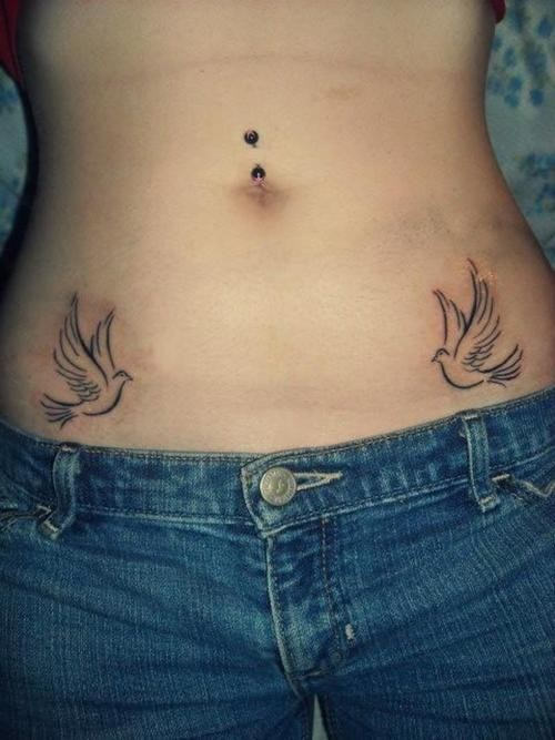 Black Two Little Flying Dove Tattoo On Stomach