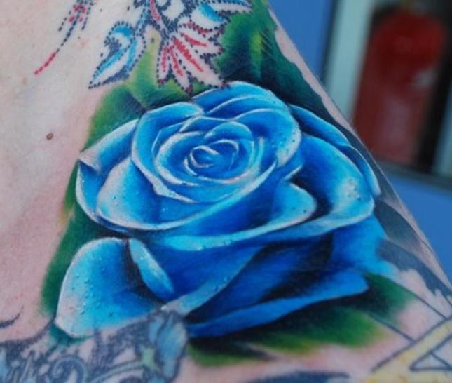 Blue 3D Rose Tattoo By Kyle Cotterman