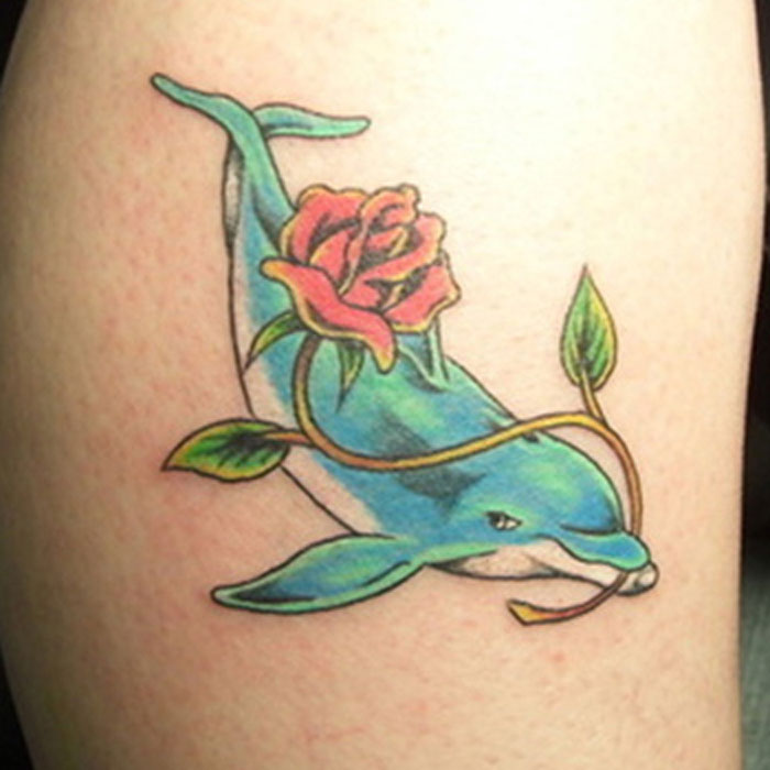 Blue Dolphin With Red Rose Tattoo Design
