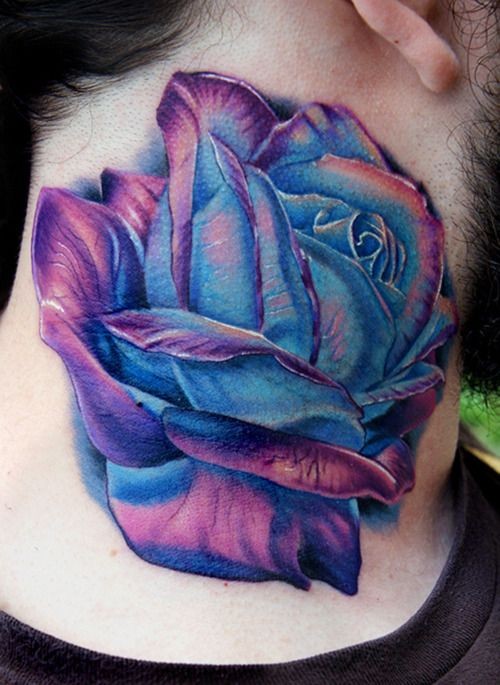 Blue Rose Tattoo On Side Neck