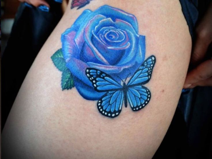 Blue Rose With Butterfly Tattoo On Half Sleeve