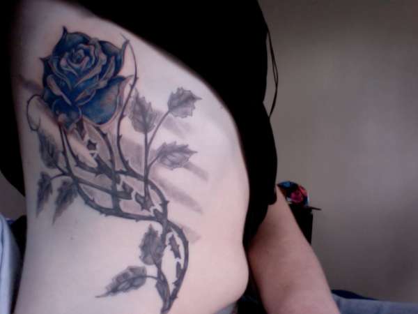 Blue Rose With Leaves Tattoo On Side Rib