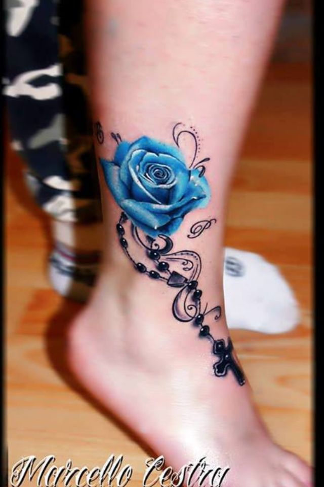 Blue Rose With Rosary Cross Tattoo On Ankle By Marcello Cestra