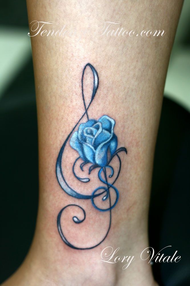 Blue Rose With Violin Key Tattoo By Lory Veglie
