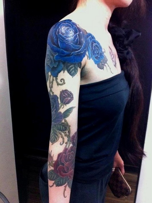Blue Roses Tattoo On Girl Right Full Sleeve