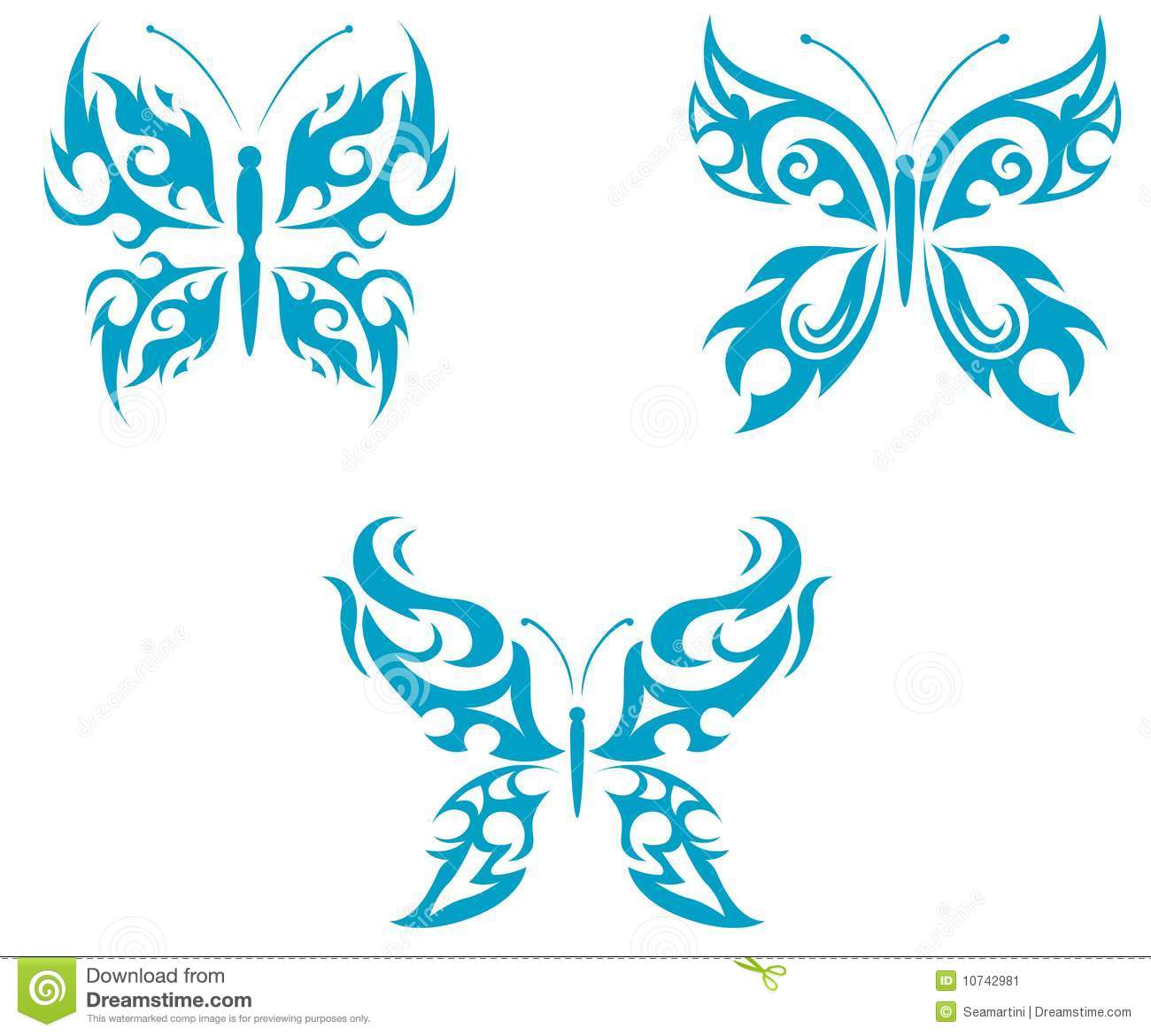 Blue Tribal Three Butterflies Tattoo Design