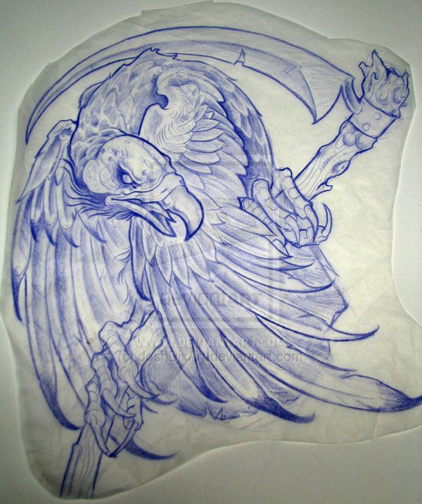 Blue Vulture With Reaper Tattoo Design By Joshua
