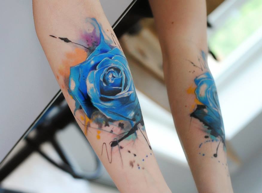 Blue Watercolor Rose Tattoo On Forearm By Aleksandra Katsan