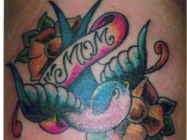 Color Flowers And Swallow Mom Banner Tattoo