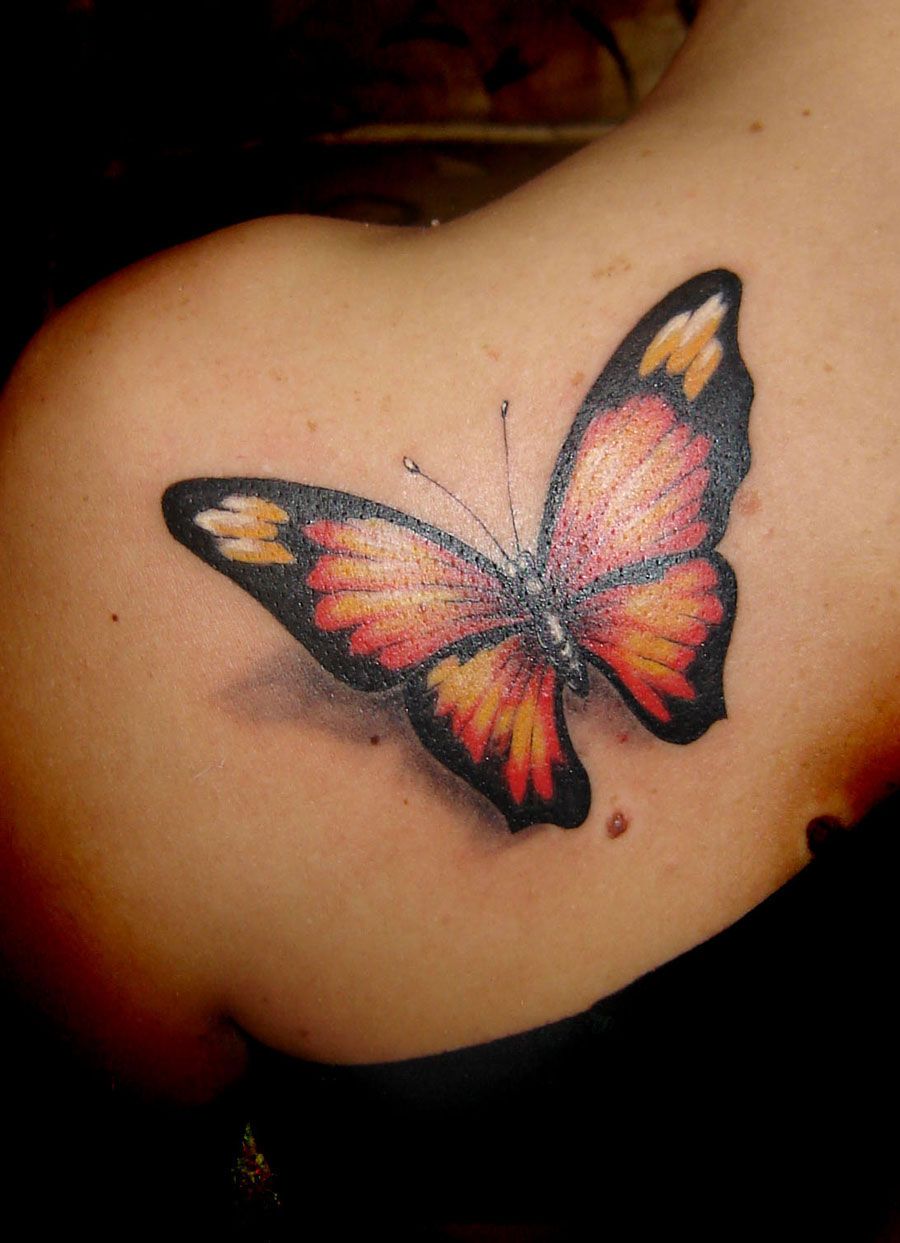 Colorful 3D Butterfly Tattoo On Girl Left Back Shoulder