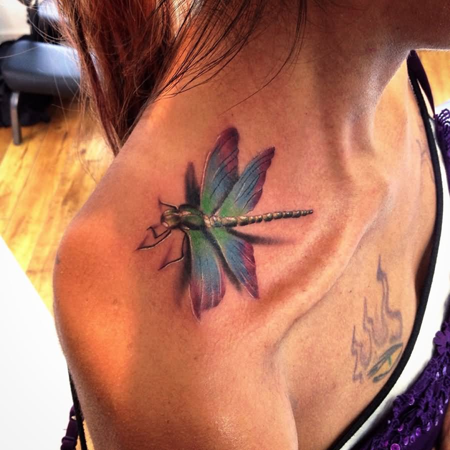 Colorful 3D Dragonfly Tattoo On Girl Right Shoulder