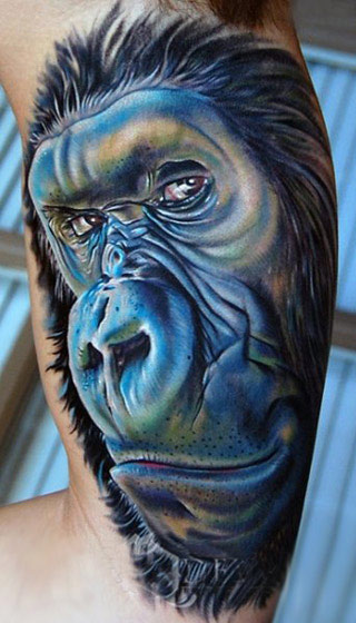 Colorful 3D Gorilla Face Tattoo On Half Sleeve By Mike Devries