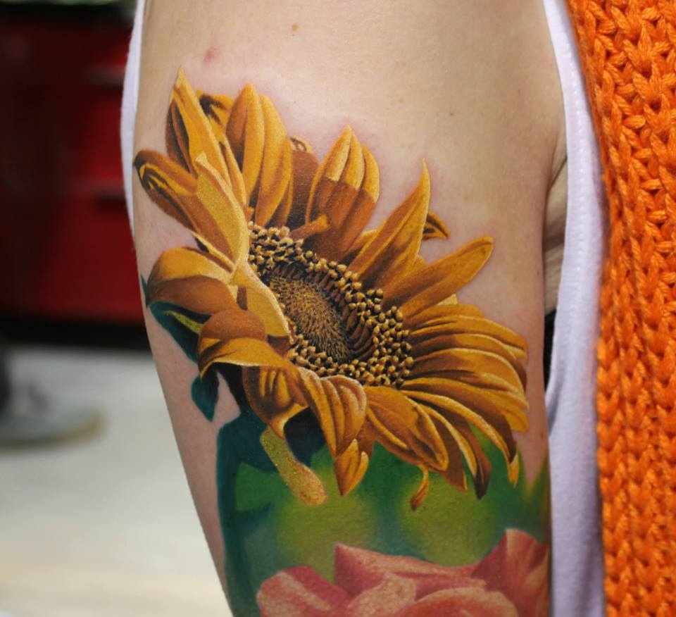 Colorful 3D Sunflower Tattoo On Right Half Sleeve By Ryan Evans