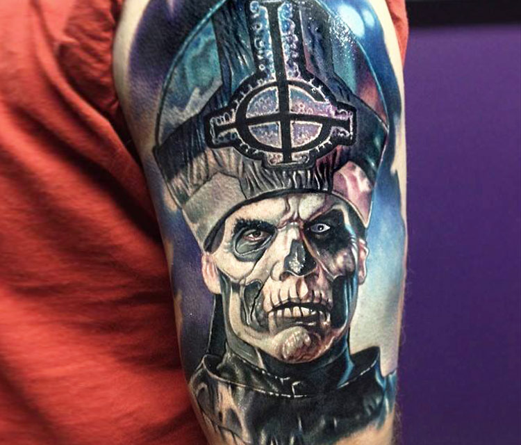 Colorful Band Ghost Tattoo On Shoulder By Paul Acker