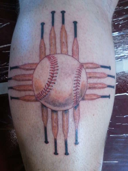 Colorful Baseball With Baseball Bats Tattoo On Leg Calf