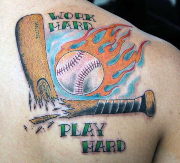 Colorful Baseball With Break Baseball Bat Tattoo On Right Back Shoulder