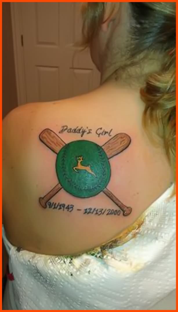 Colorful Baseball With Crossed Baseball Bat Tattoo  On Girl Left Shoulder