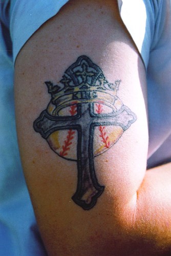 Colorful Baseball With Crown & Cross Tattoo On Bicep