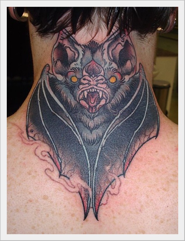 Colorful Bat Tattoo On Back Neck