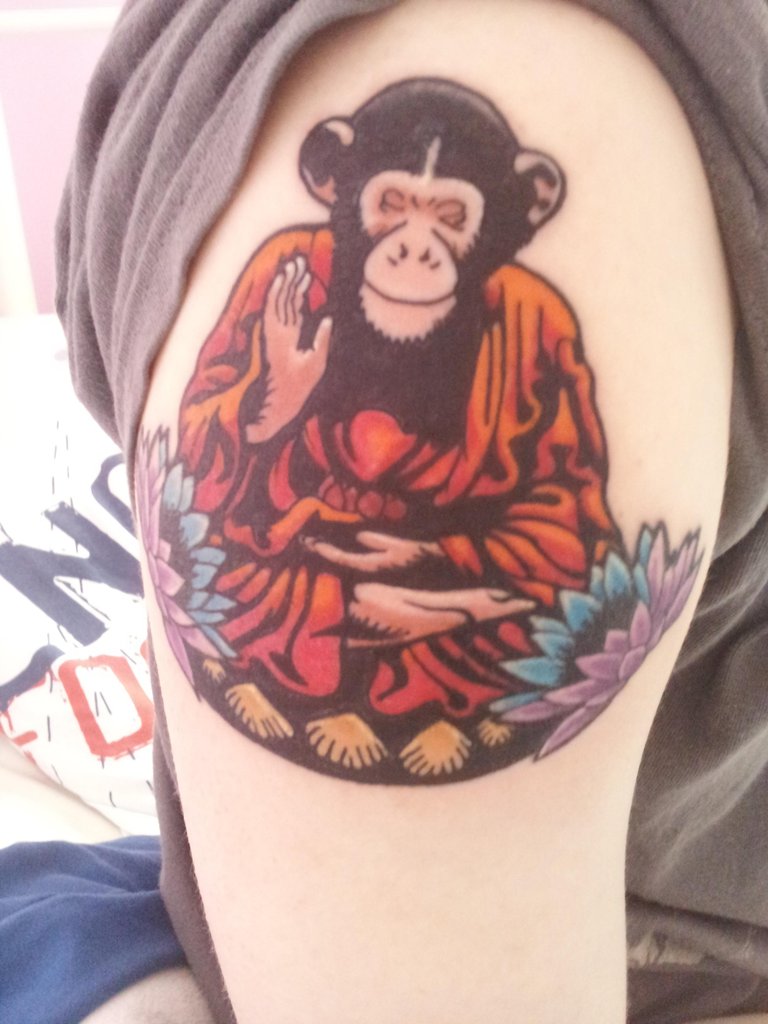 Colorful Buddhist Monkey Tattoo On Shoulder