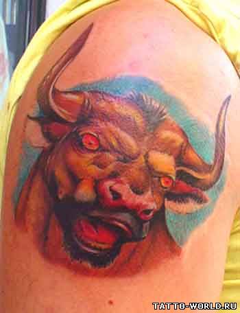 Colorful Bull Head Tattoo On Shoulder