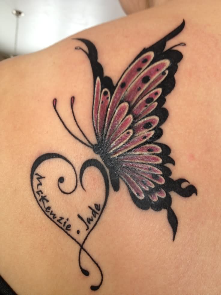 Colorful Butterfly On Heart Tattoo On Girl Back shoulder
