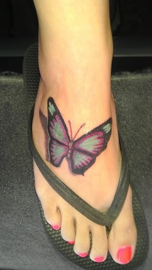 Colorful Butterfly Tattoo On Girl Foot