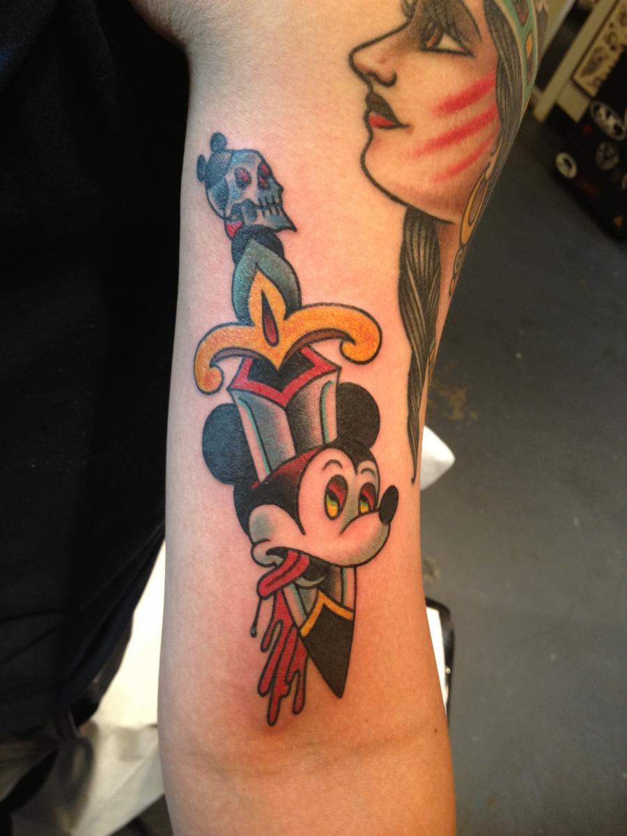 Colorful Dagger In Mickey Mouse Tattoo On Half Sleeve