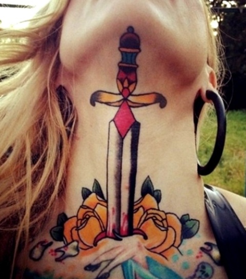 Colorful Dagger In Two Roses Tattoo On Girl Neck