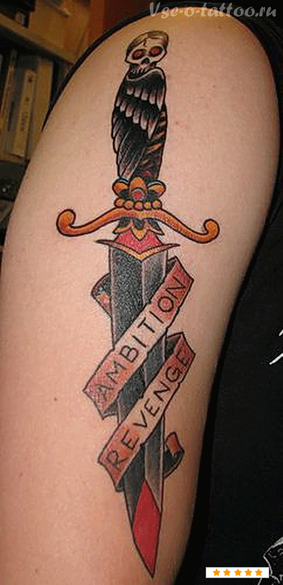 Colorful Dagger With Banner Tattoo On Half Sleeve