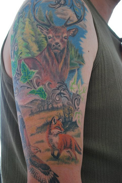 Colorful Deer And Fox Wildlife Tattoo On Right Half Sleeve
