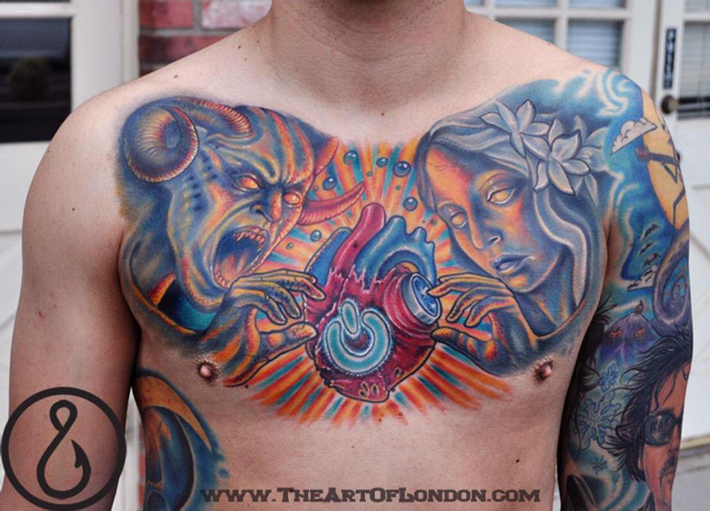 Colorful Demon And Angel Tattoo On Man Chest