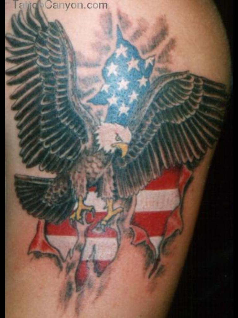 Colorful Eagle With American Flag Tattoo On Half Sleeve