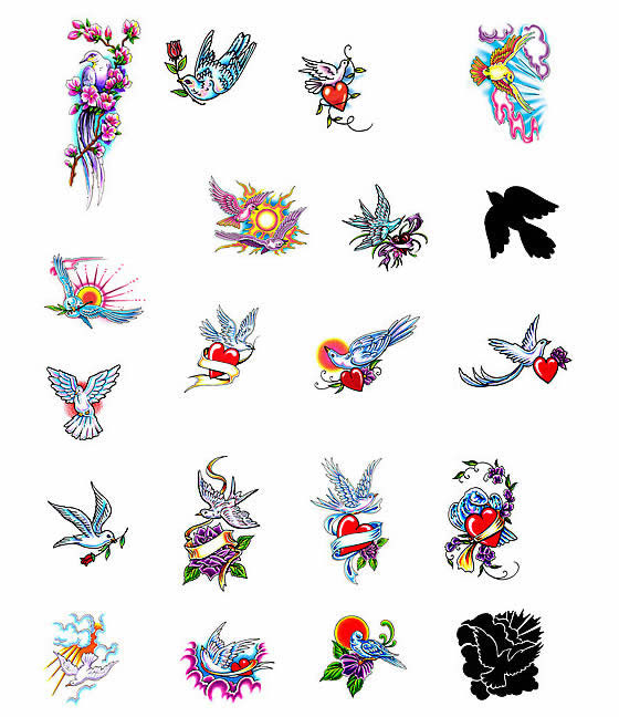 Colorful Flying Doves Tattoo Flash