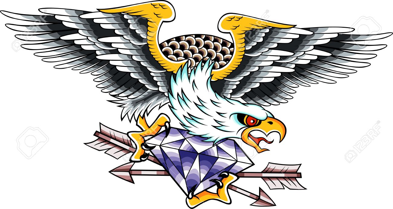 Colorful Flying Eagle With Diamond And Arrows Tattoo Design