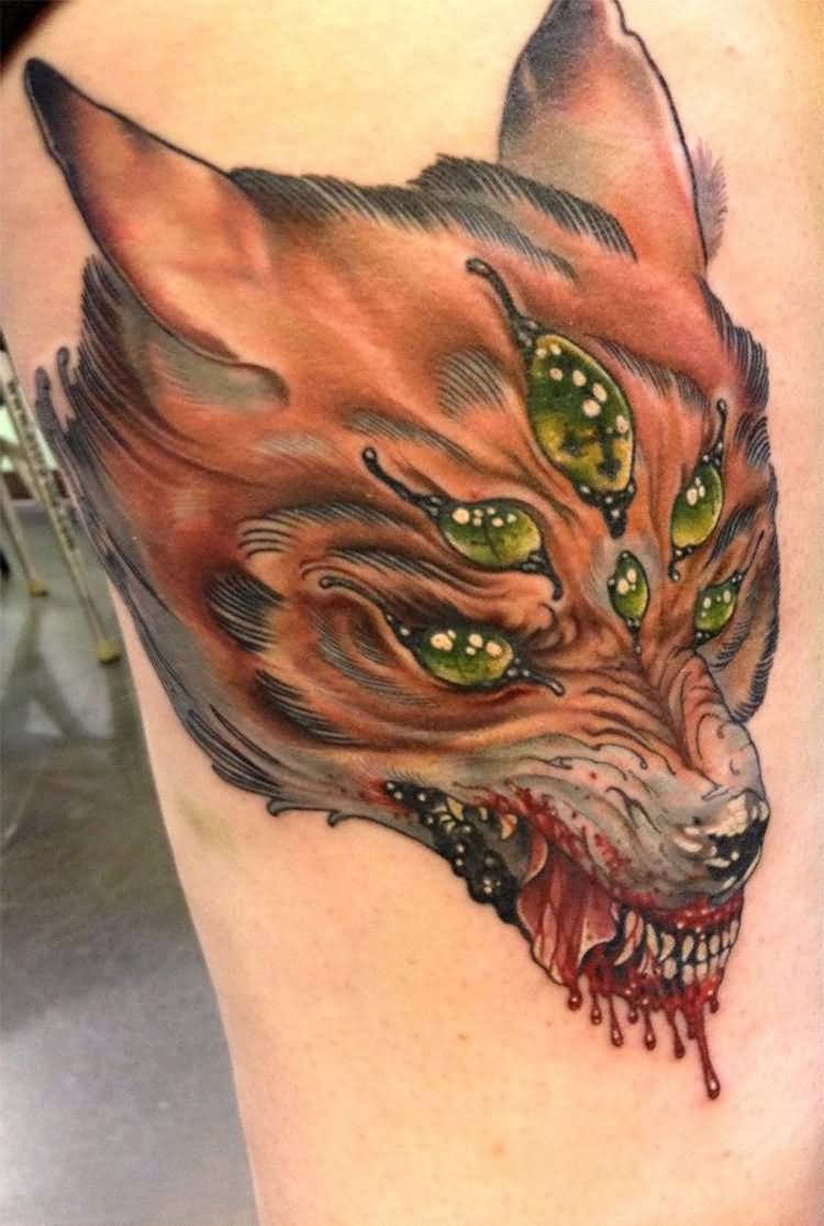 Colorful Greg Whitehead Fox Tattoo On Leg