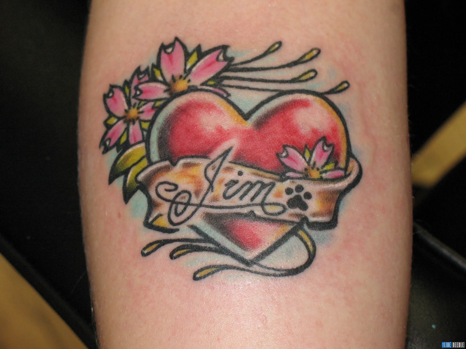Colorful Heart With Banner Tattoo On Half Sleeve