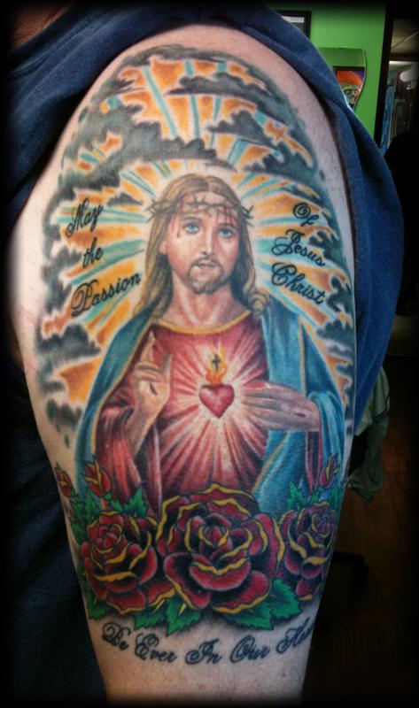 Colorful Jesus Tattoo On Half Sleeve