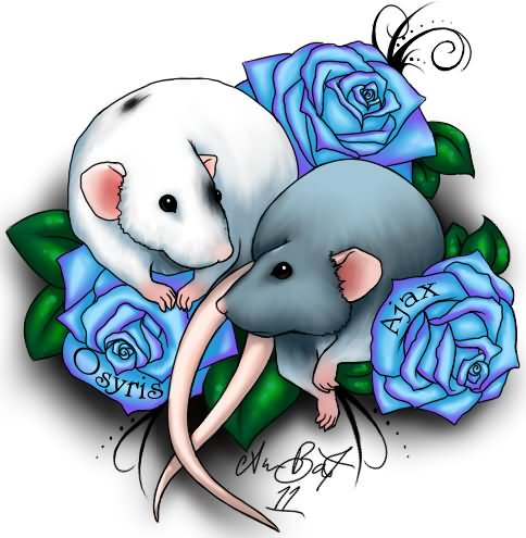 Colorful Rat With Blue Rose Tattoo Design By Ashlyn Bapst