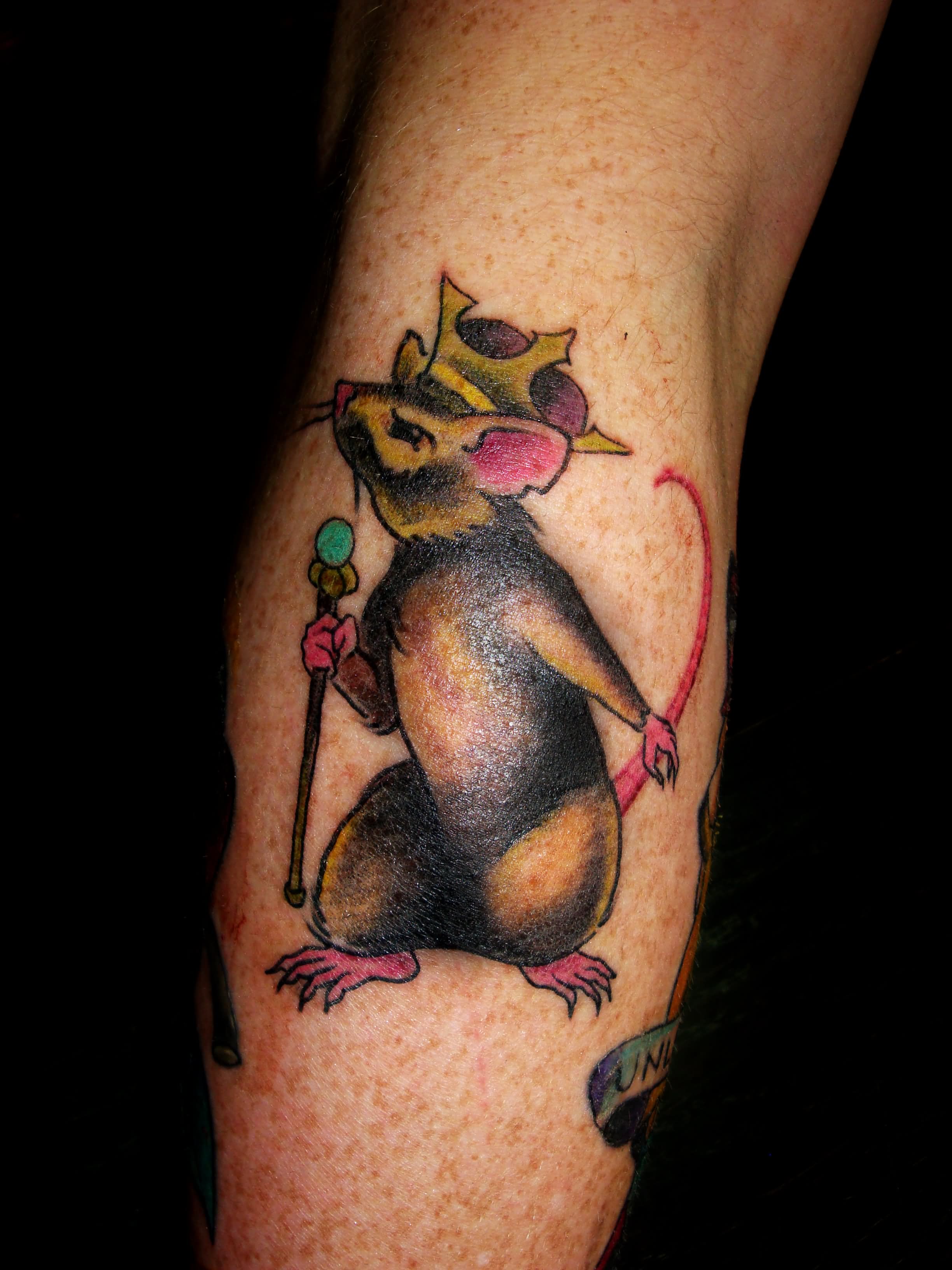 Colorful Rat With Crown Tattoo On Forearm