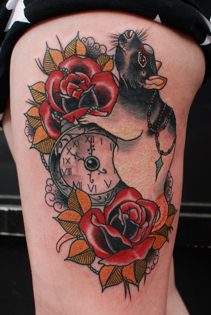 Colorful Rat With Two Red Roses & Pocket Watch Tattoo On Thigh