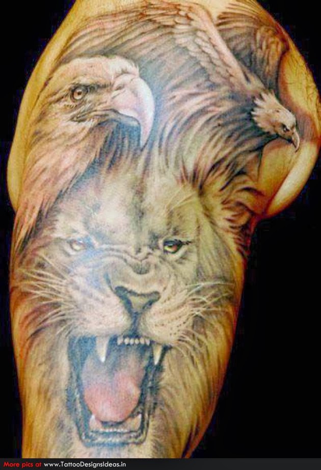 Colorful Roaring Tiger With Flying Two Eagles Tattoo On Man Shoulder