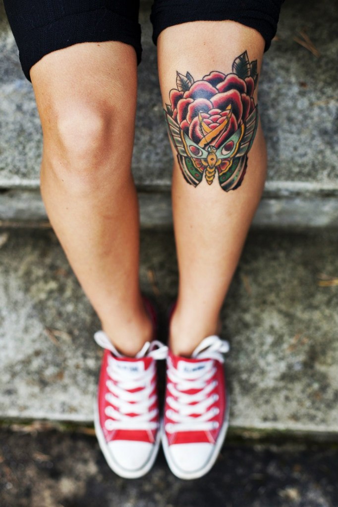 Colorful Rose With Butterfly Tattoo On Left Knee