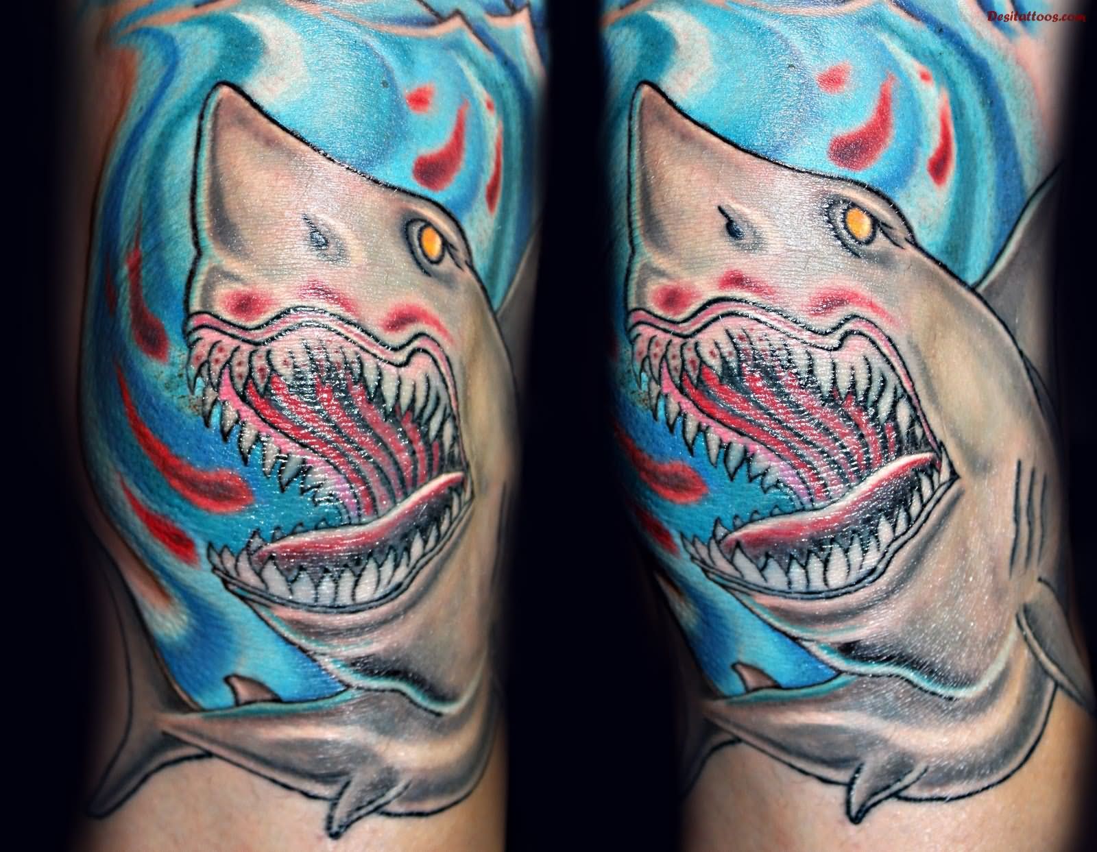 Colorful Shark Tattoo For Knee