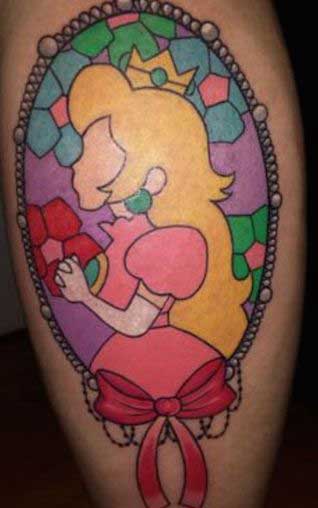 Colorful Stained Glass Girl In Frame Tattoo On Leg