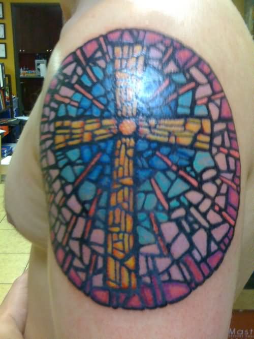 Colorful Stained Glass Tattoo On Left Shoulder