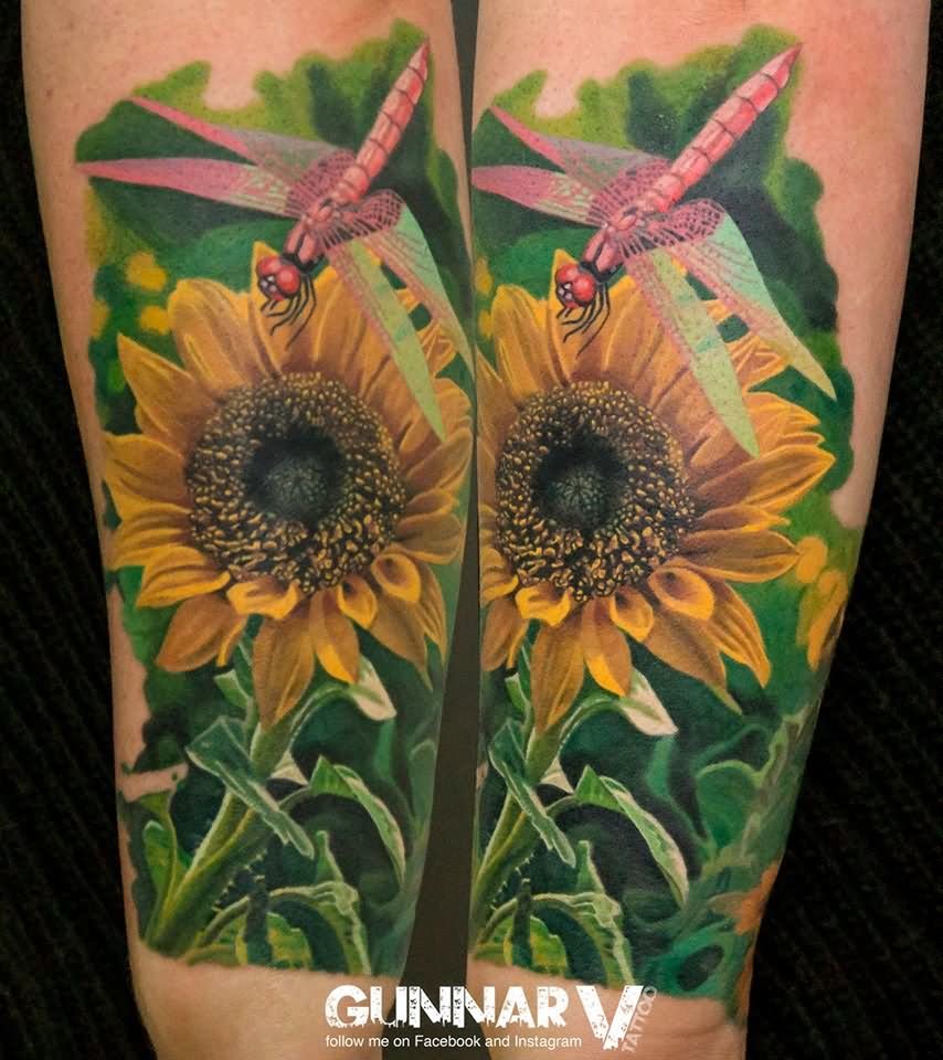 Colorful Sunflower With Dragonfly Tattoo On Forearm