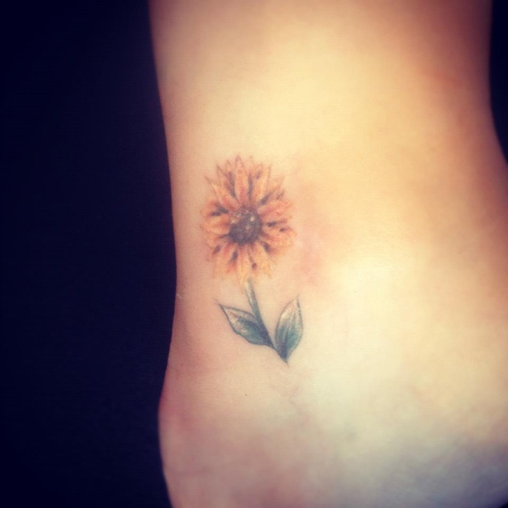 Colorful Sunflower With Leave Tattoo On Ankle By Tiffaney Read