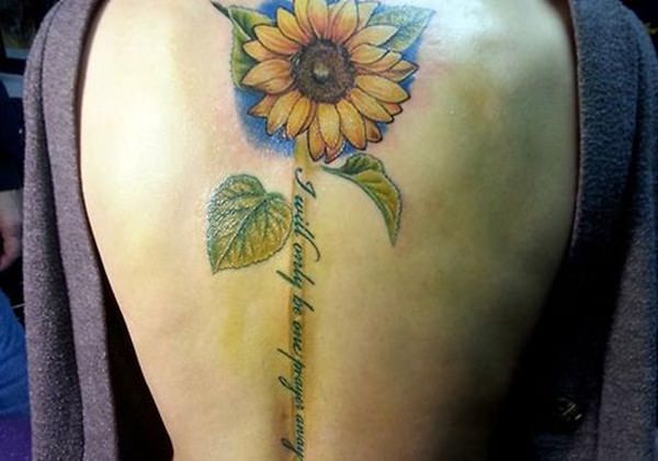Colorful Sunflower With Leave Tattoo On Full Back