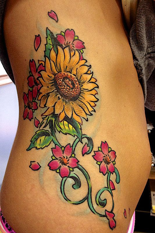 Colorful Sunflower With Roses Tattoo On Side Rib